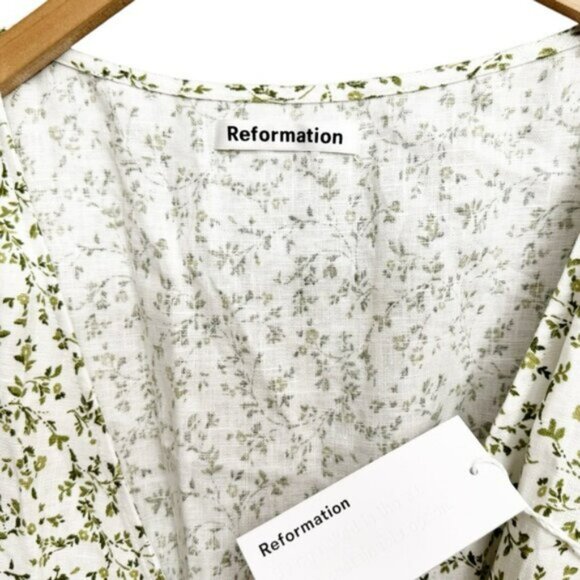 NWT Reformation Mint Floral Print Linen Wrap Midi Dress White Green - Picture 5 of 7